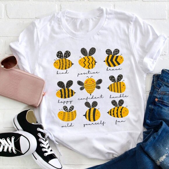 Bee Kind Positive Brave Happy Confident Humble Teacher T-Shirt - Picture 1 of 5
